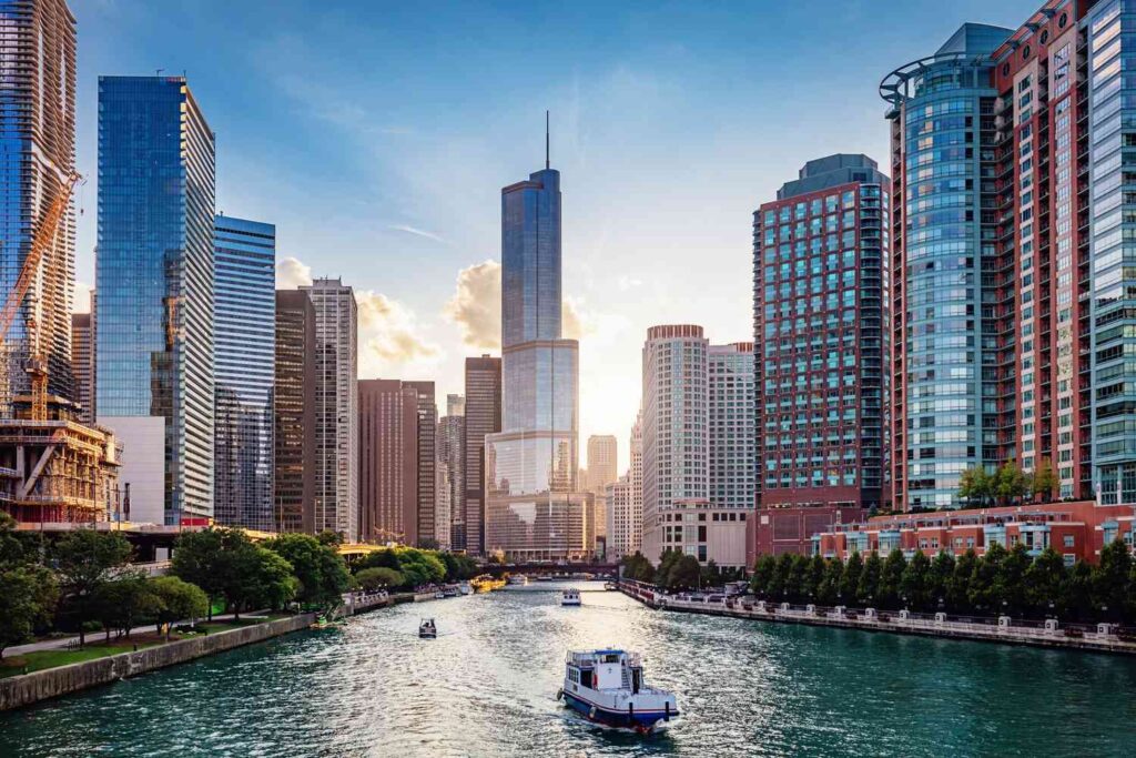 A boat in a canal of chicago and we provide seo services in this beautiful city.
